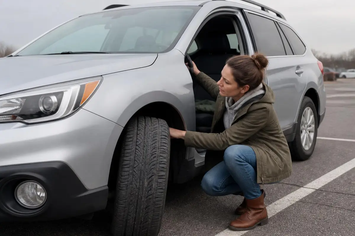 Woman looking at tire-to-fender clearance on her crossover