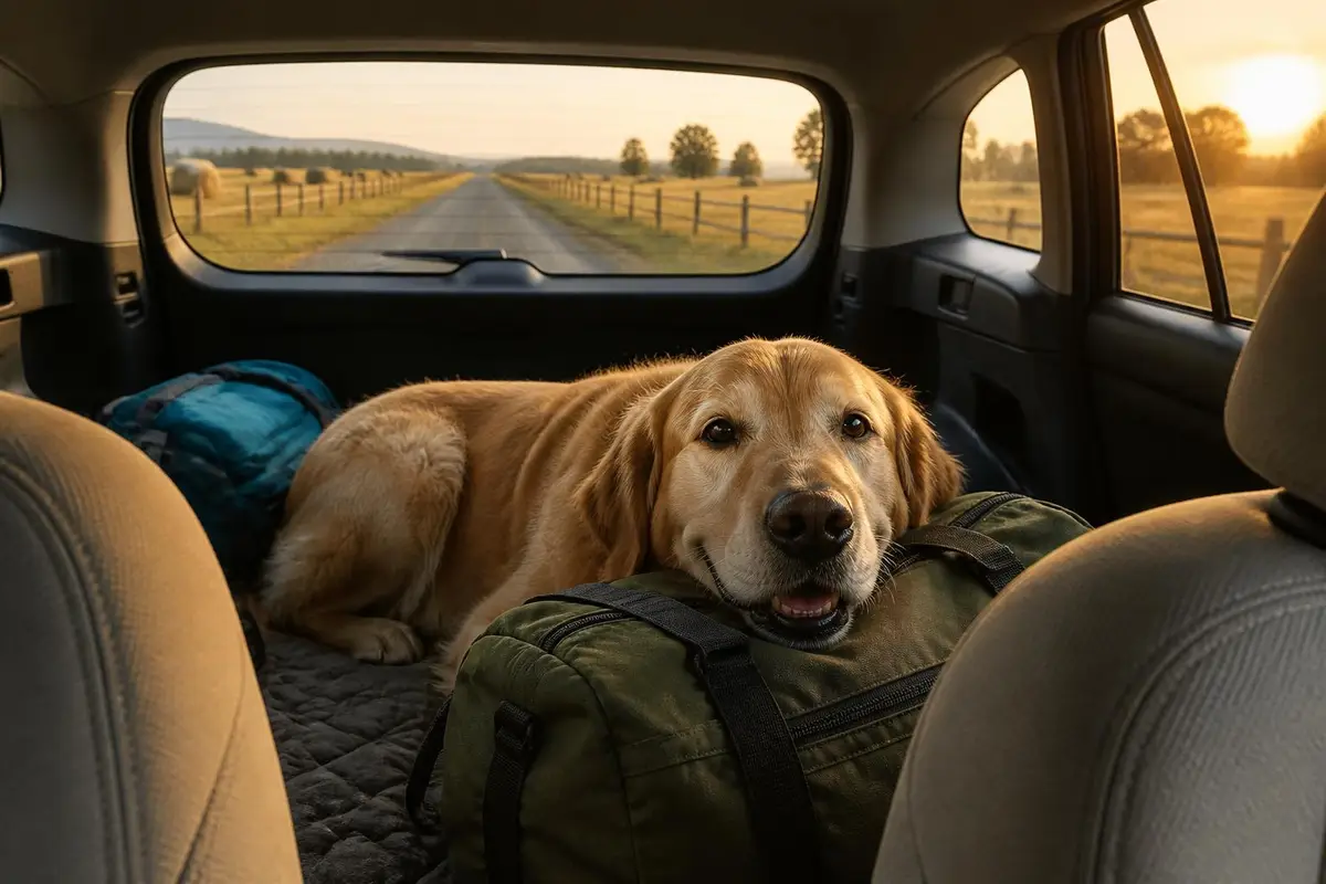 Dog in the back of a crossover on a gravel road