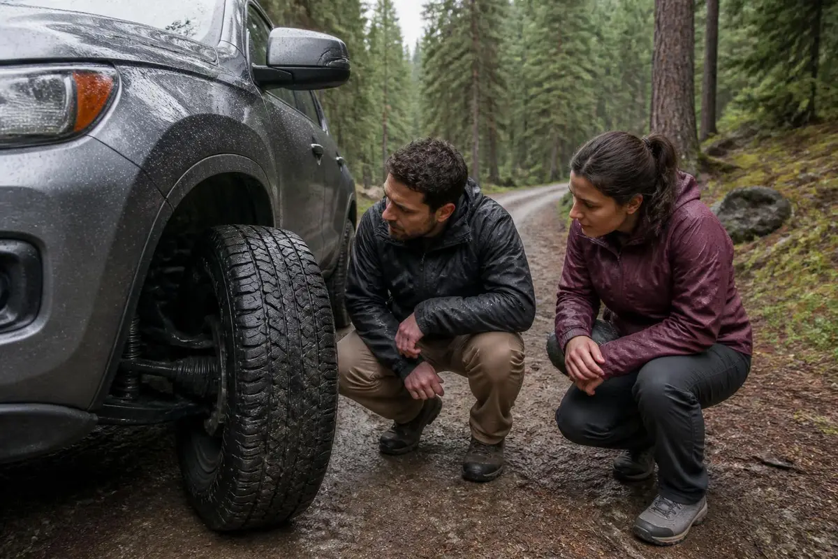 Owners examining a tire rubbing a control arm on a trail
