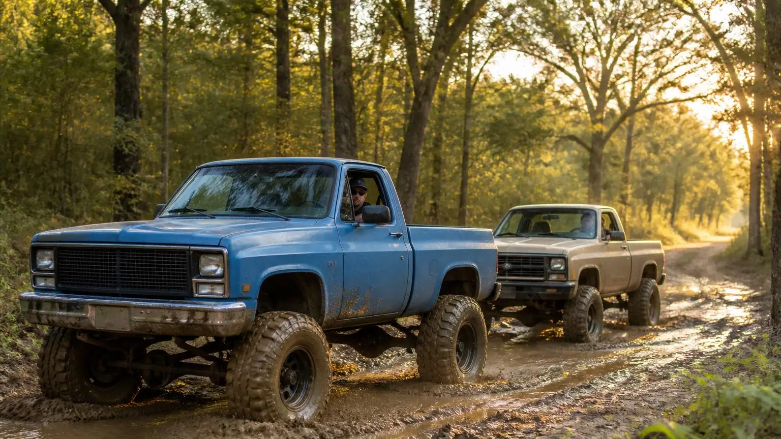 Two lifted trucks on a muddy trail