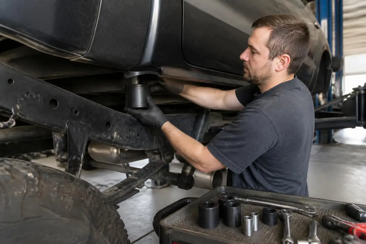 Mechanic installing body lift spacers