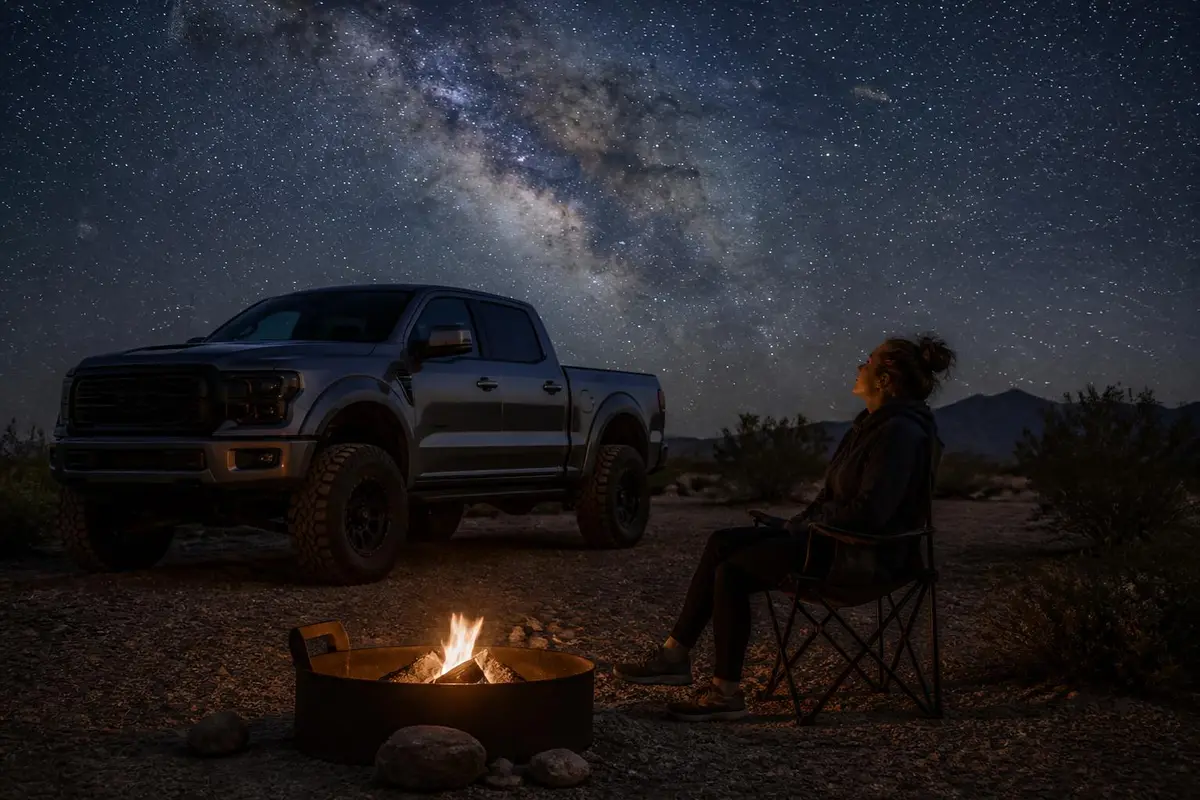 Lifted truck with big tires at a desert camp