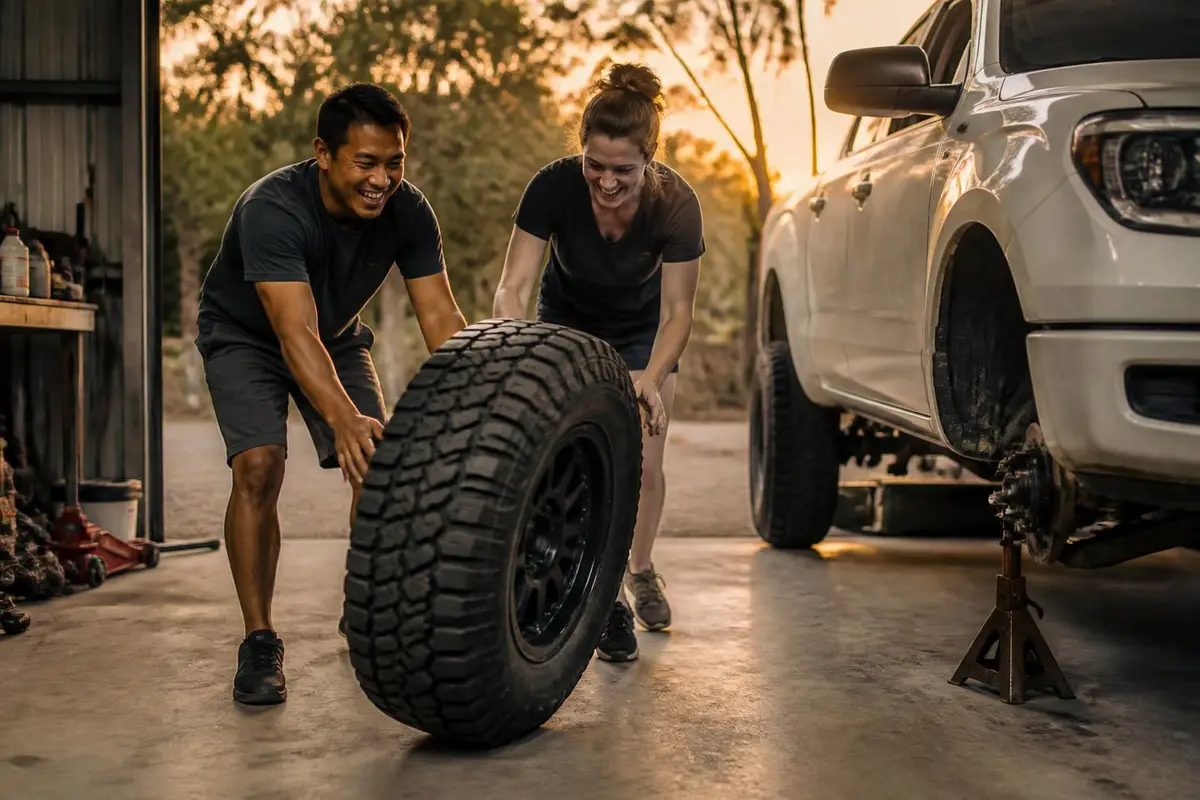 Two friends rolling a new tire up to a truck for a test fit