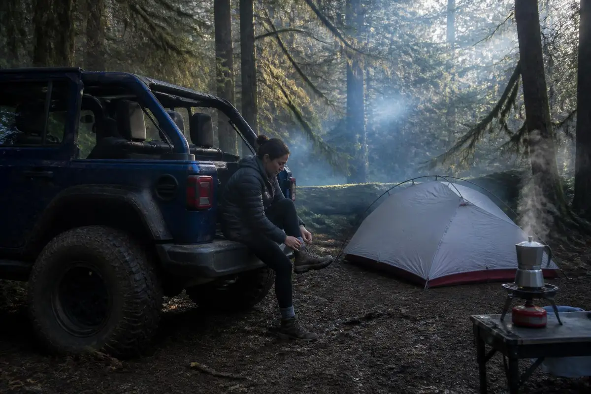 Lifted four-door off-roader at a forest camp with its big tires in view