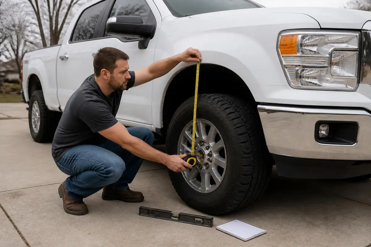 Man measuring front and rear ride height of a pickup