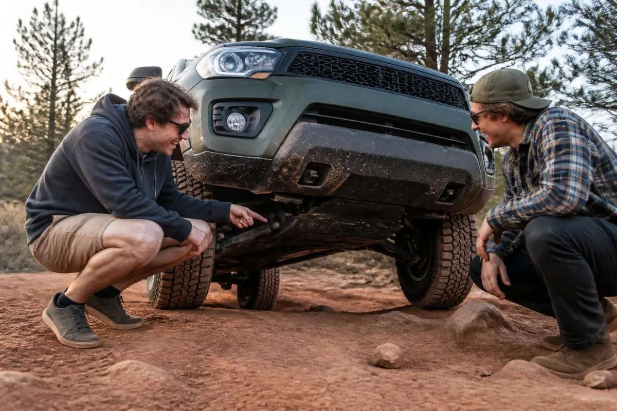 Owners inspecting the ground clearance under a lifted truck