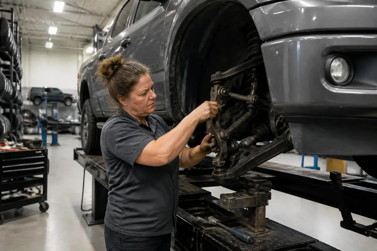 Mechanic aligning a lifted truck on an alignment rack
