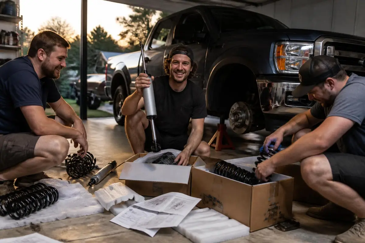 Friends looking at a pile of new springs and shocks in a garage
