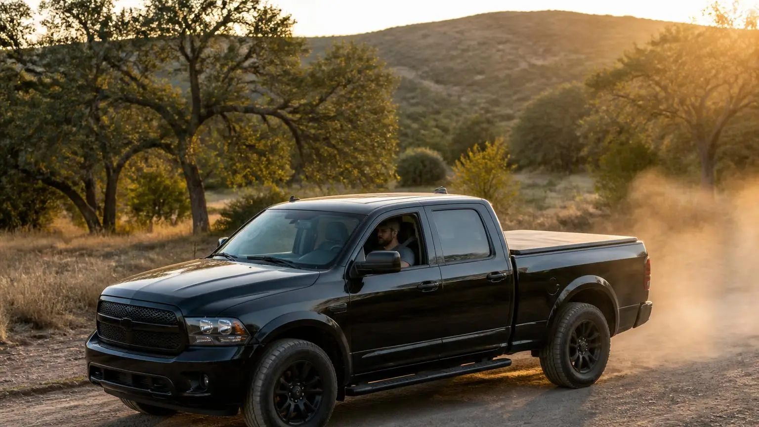 Pickup with a hard folding cover on a dusty ranch road