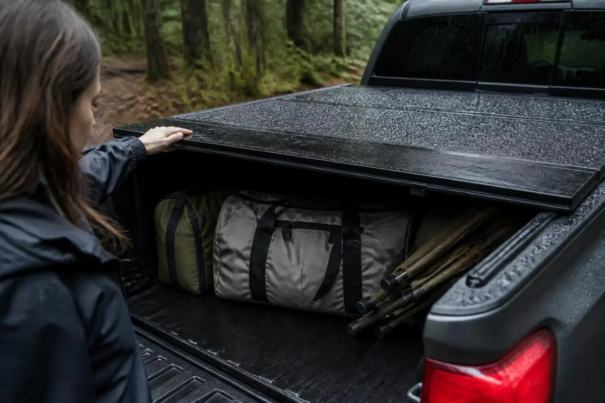Dry gear under a cover after heavy rain