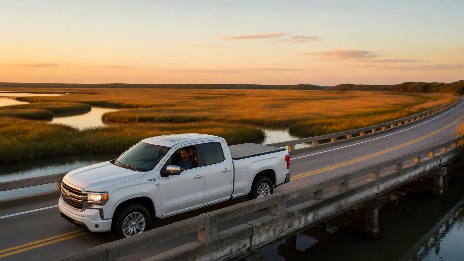 Pickup with a retractable cover crossing a coastal bridge
