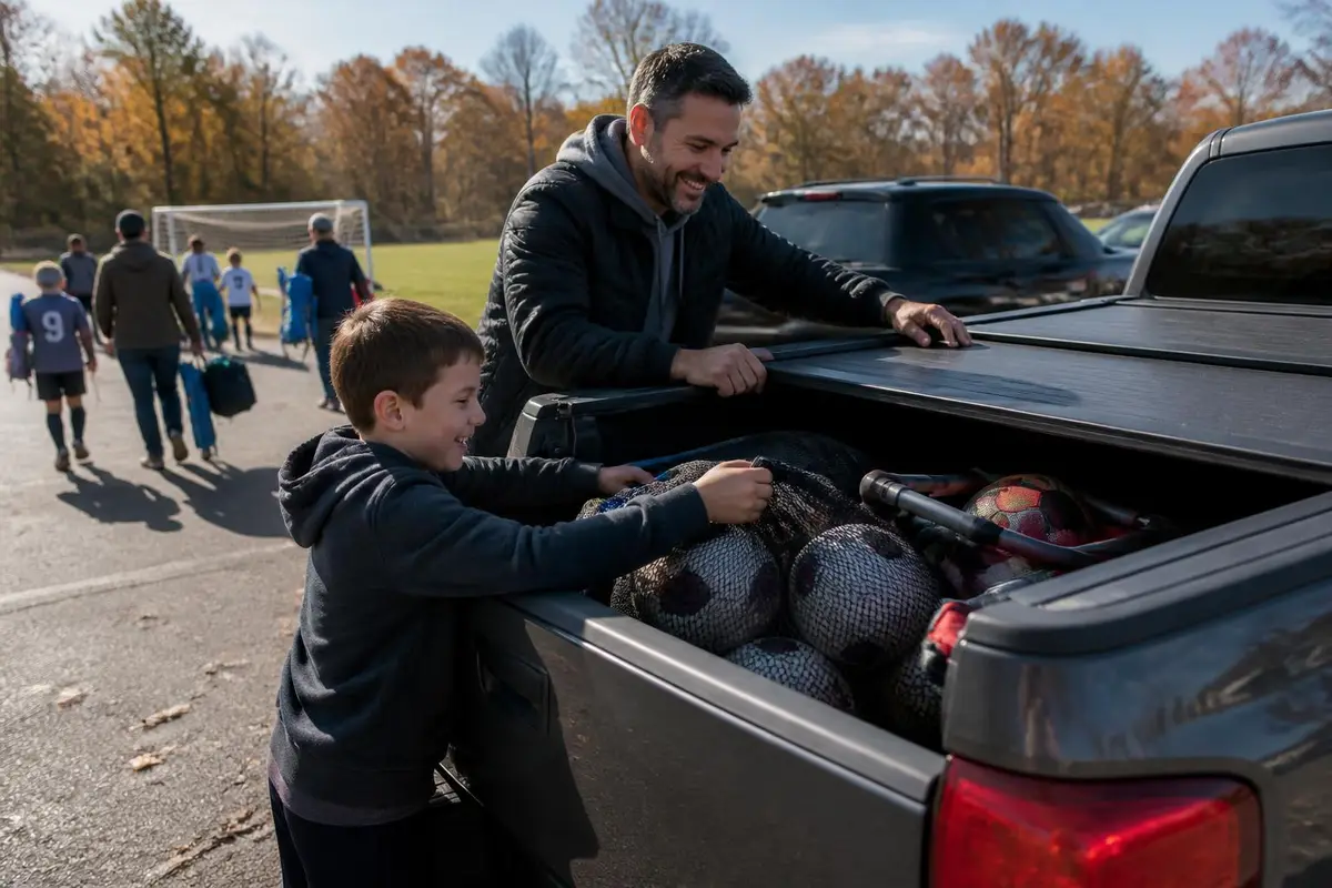 Dad and son sliding open a retractable cover for sports gear