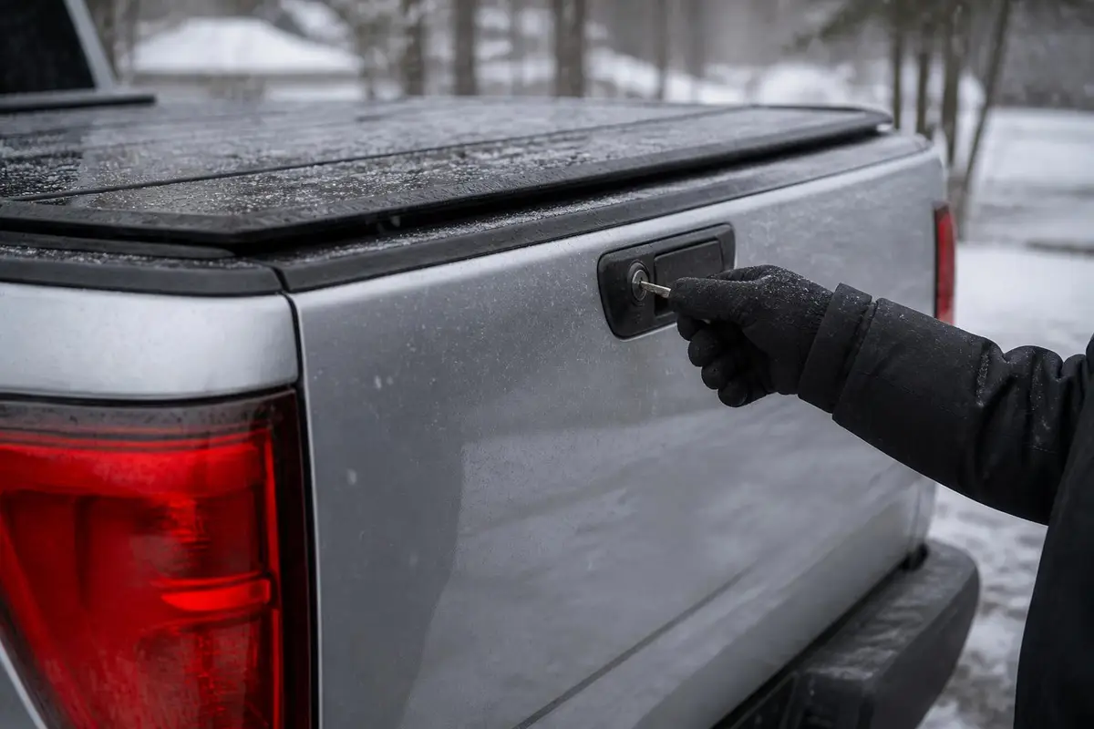 Close view of a tailgate lock and a cover handle