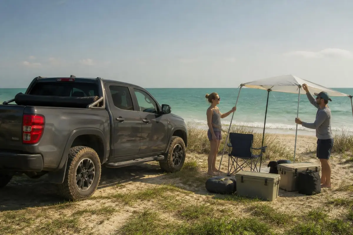 Pickup with rolled-up soft cover at a beach camp