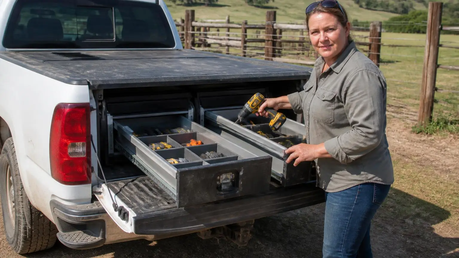 Twin drawer system in a pickup bed at a work site