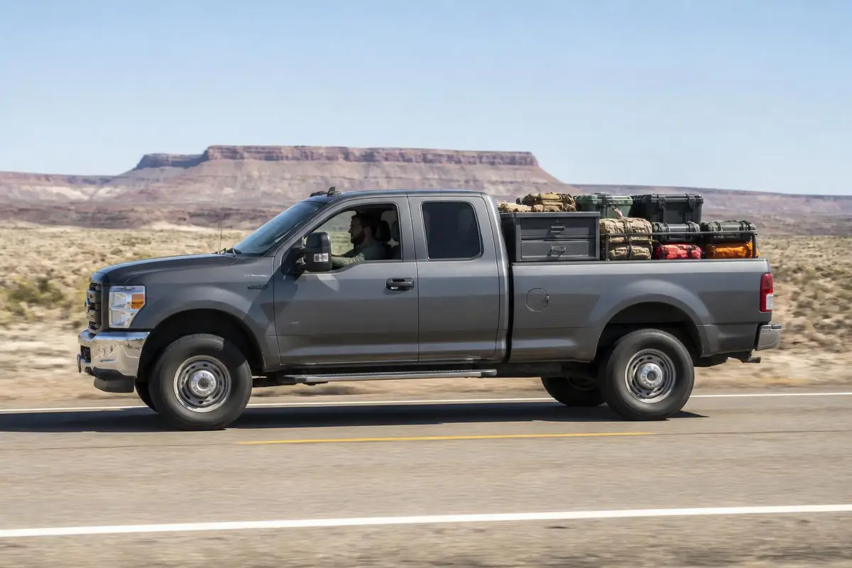 Loaded pickup with drawers riding level on a highway