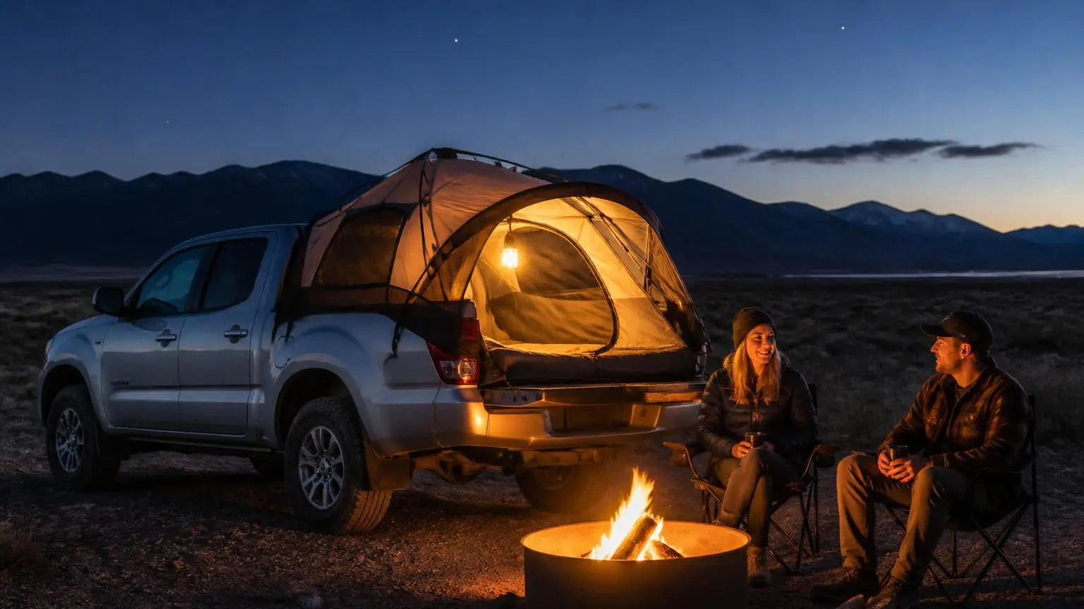 Truck bed tent pitched in a pickup at a desert camp at night