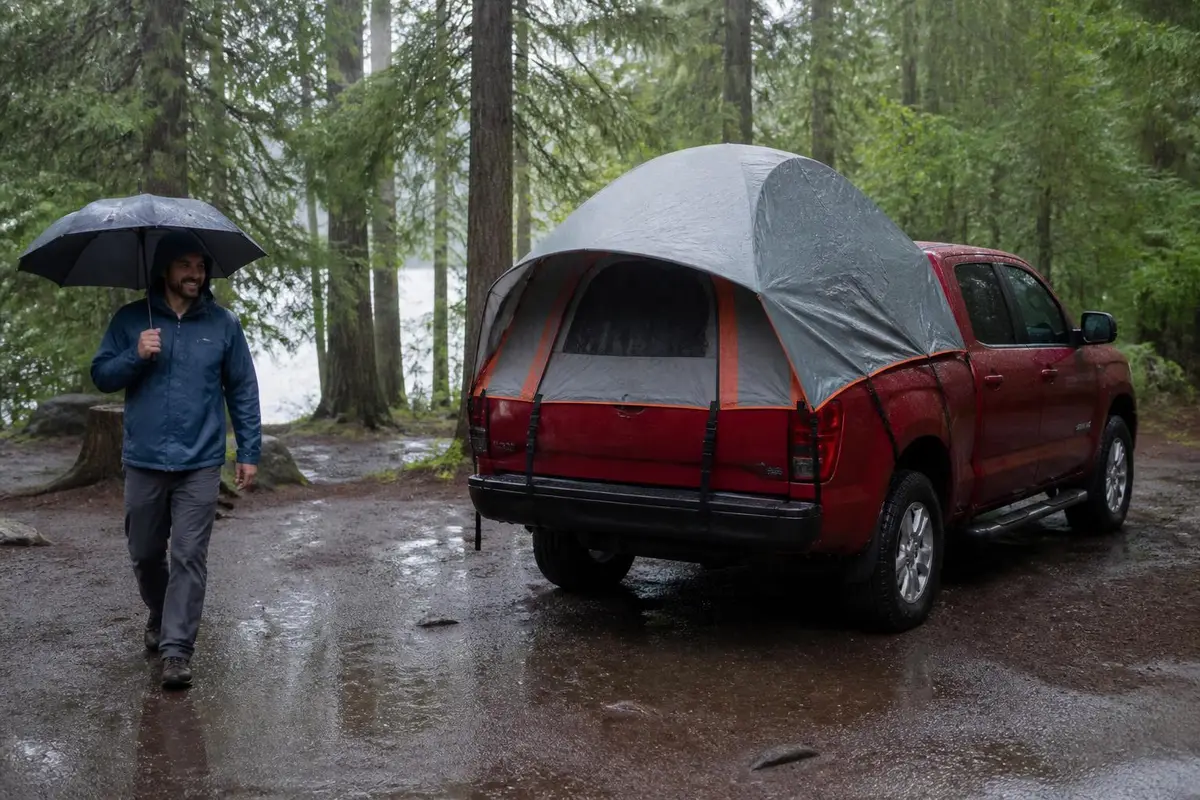 Rain falling on a truck bed tent with a rainfly