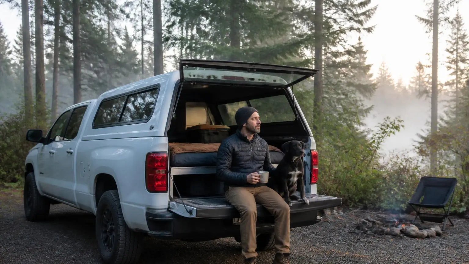 Pickup with a camper shell at a forest camp with rear door open
