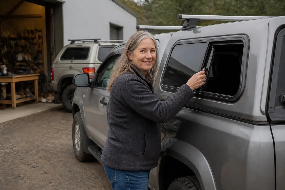Owner inspecting an aluminum truck cap's side windows