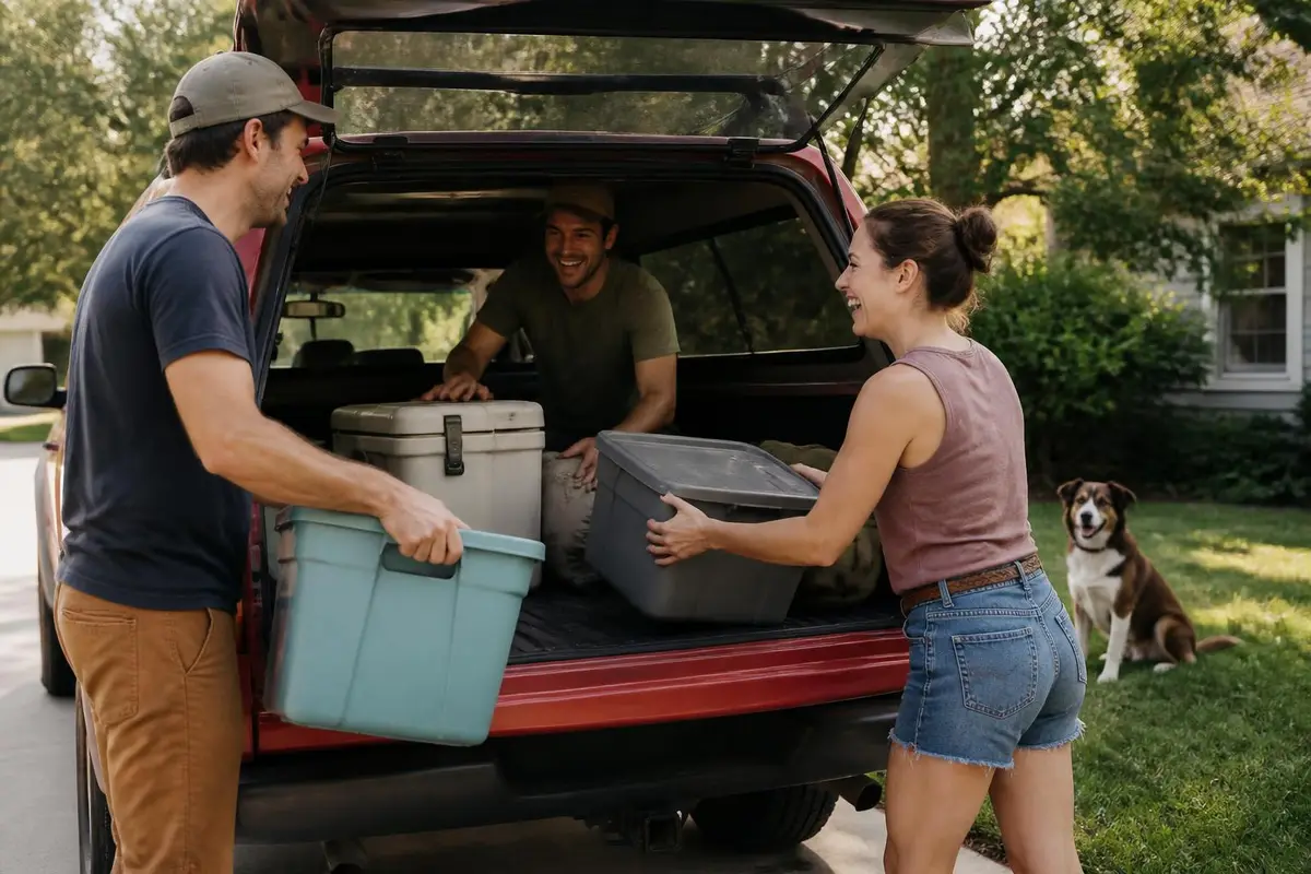 Friends lifting camping gear into a capped pickup