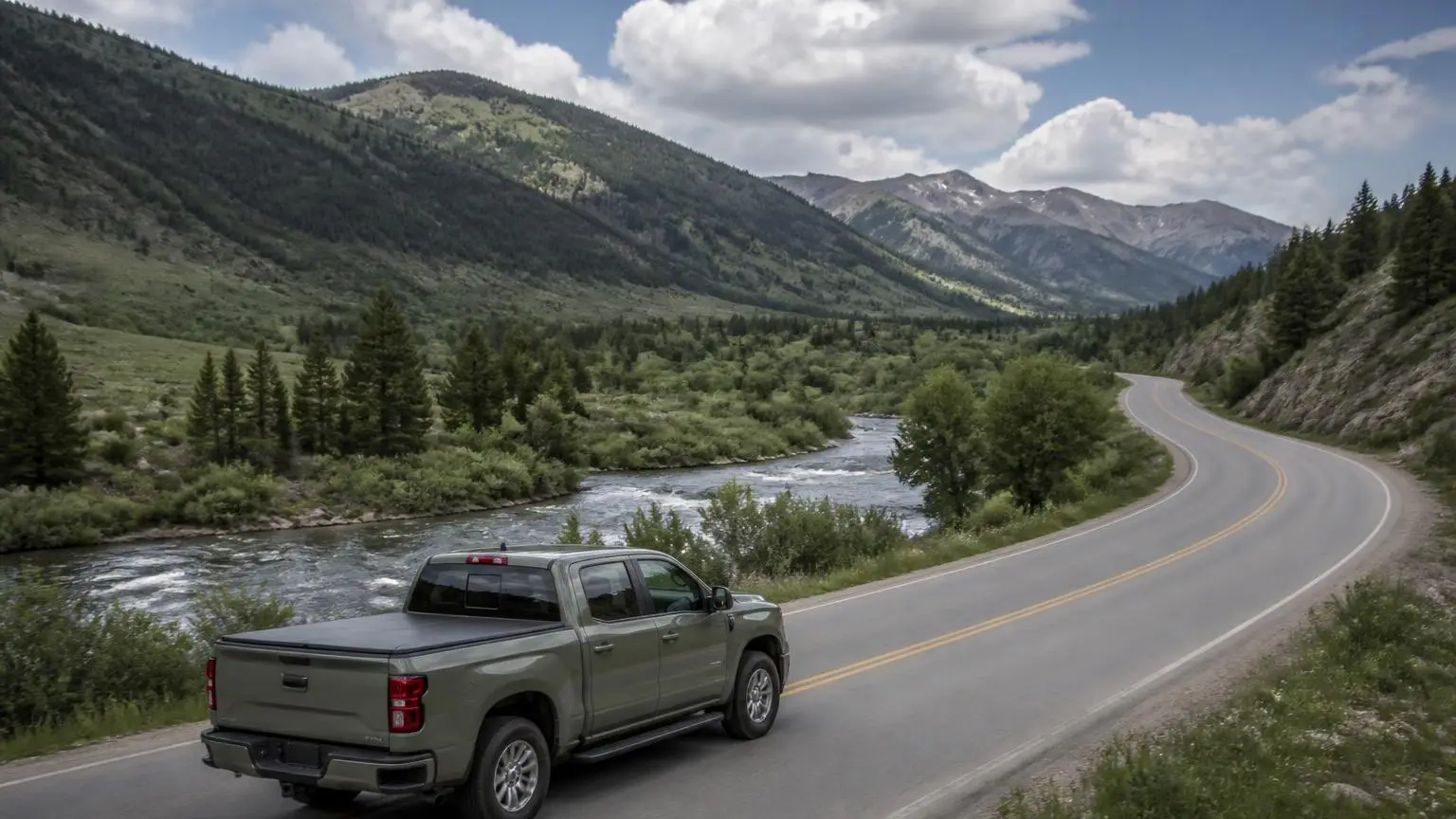 Pickup with a covered bed crossing a mountain valley road