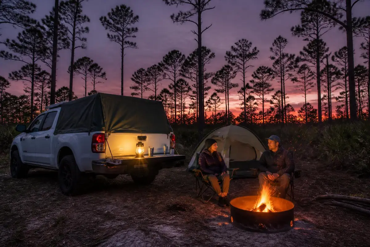 Covered pickup parked at a camp with gear inside