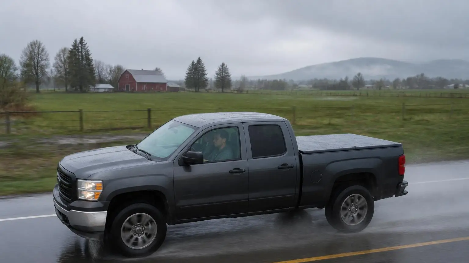 Pickup with a closed hard tonneau cover driving a rainy highway