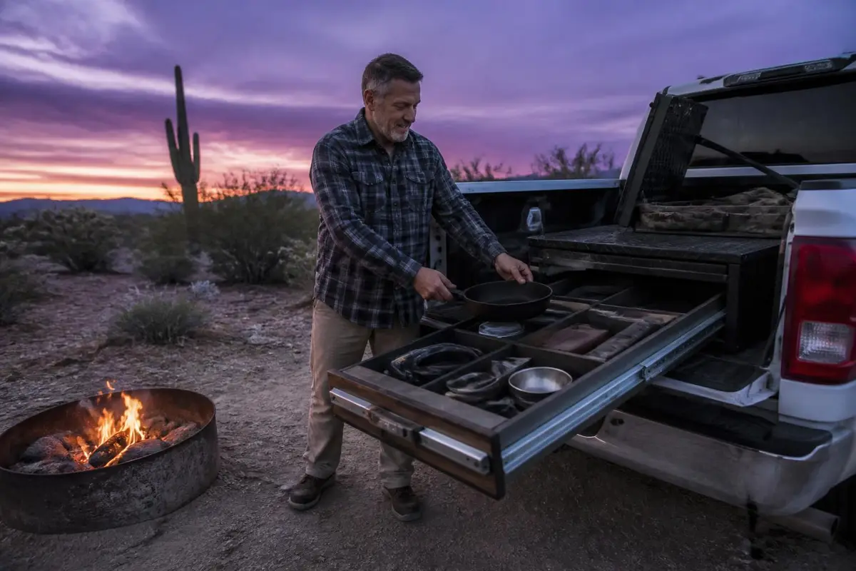 Bed organizer drawer pulled out at a desert camp
