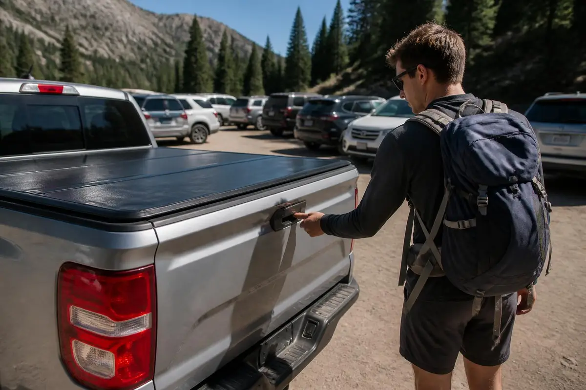 Tailgate locked with a hard cover at a busy trailhead parking area