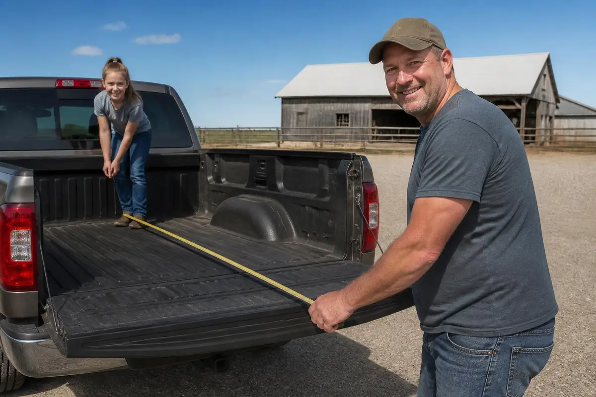 Two people measuring a pickup bed length with a tape