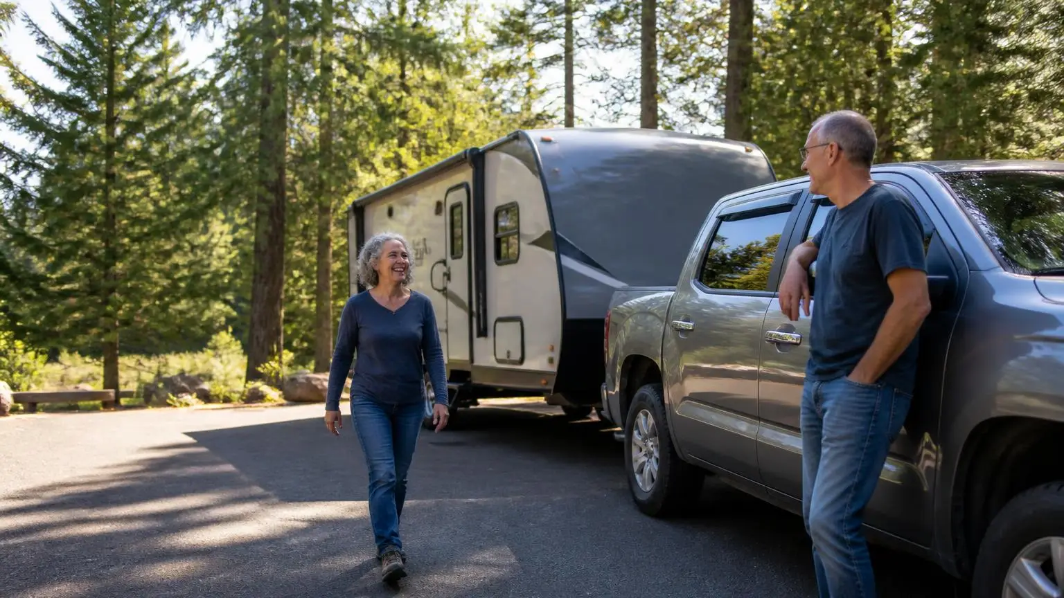 Couple checking trailer brakes at a rest area