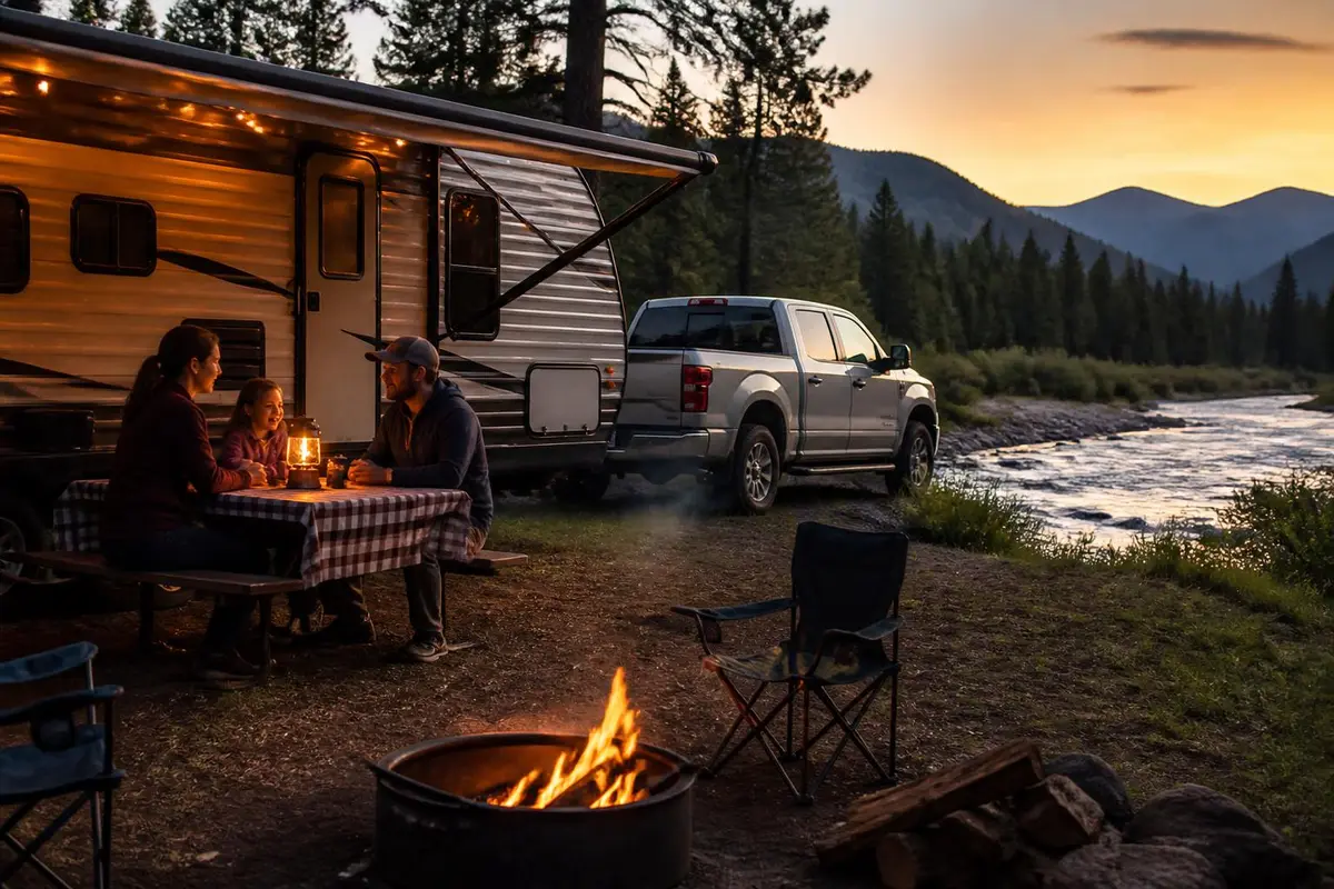 Travel trailer and pickup set up at a riverside camp