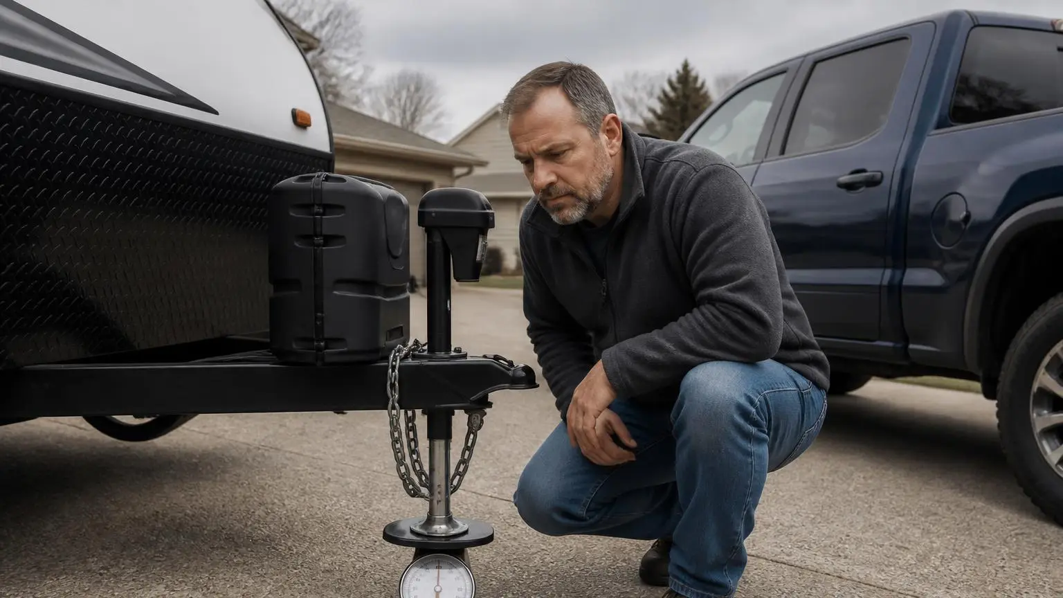Man measuring trailer tongue weight with a scale in a driveway