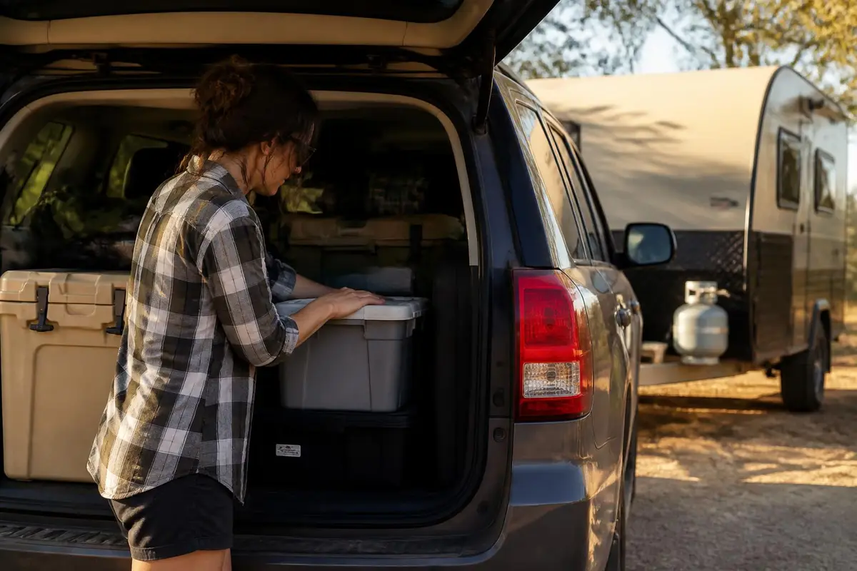 Rear cargo of an SUV loaded before towing