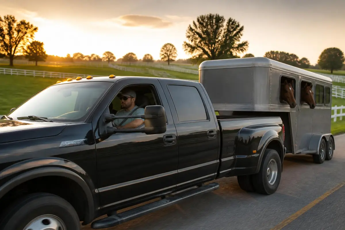 Pickup with extended mirrors towing a horse trailer