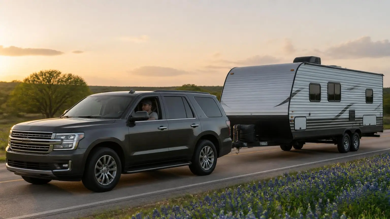 SUV towing a travel trailer with a weight distribution hitch