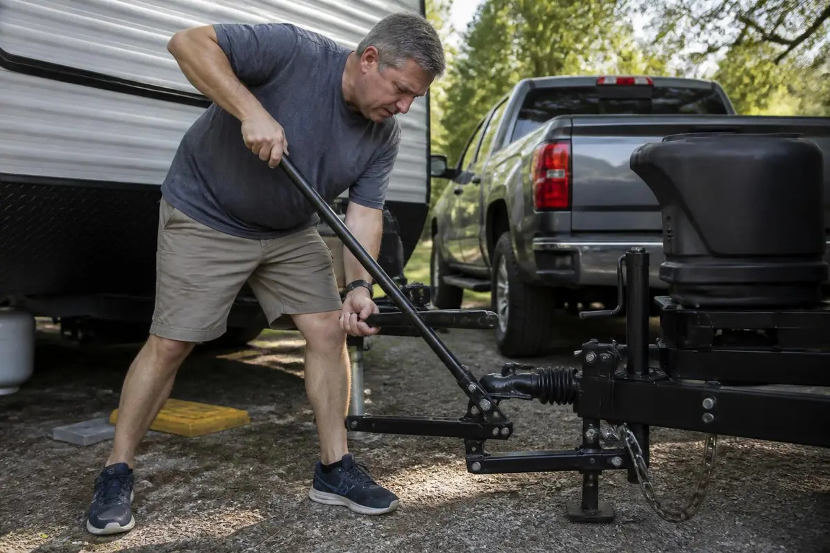 Man tensioning spring bars on a weight distribution hitch