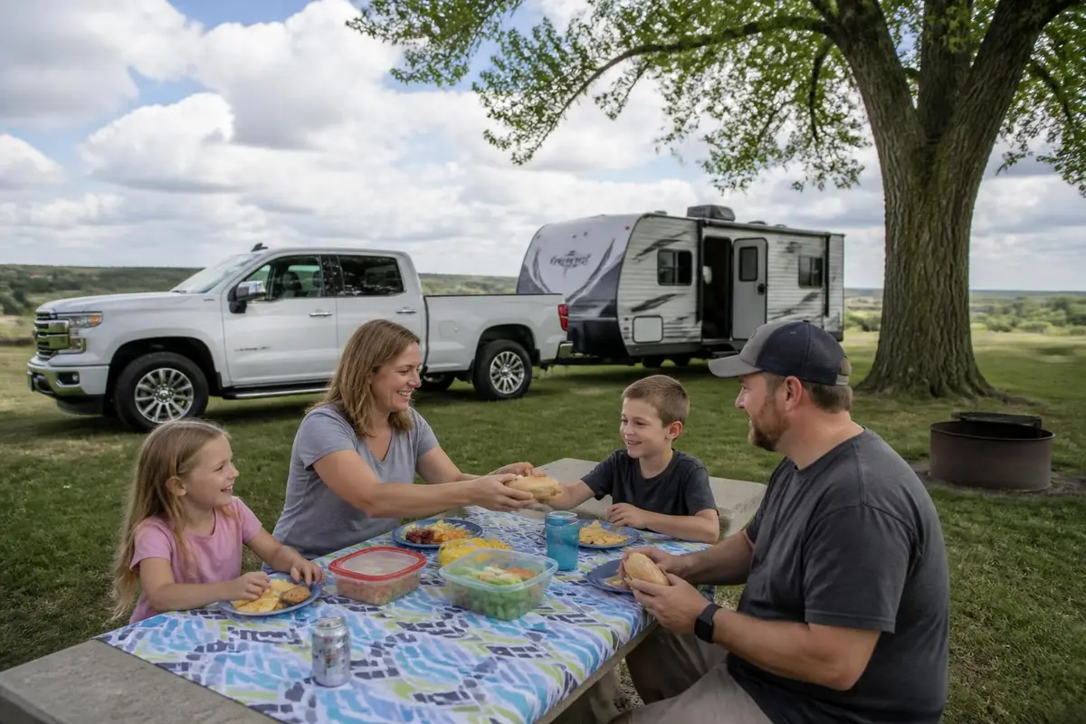 Parents and kids at a roadside picnic beside their towing rig