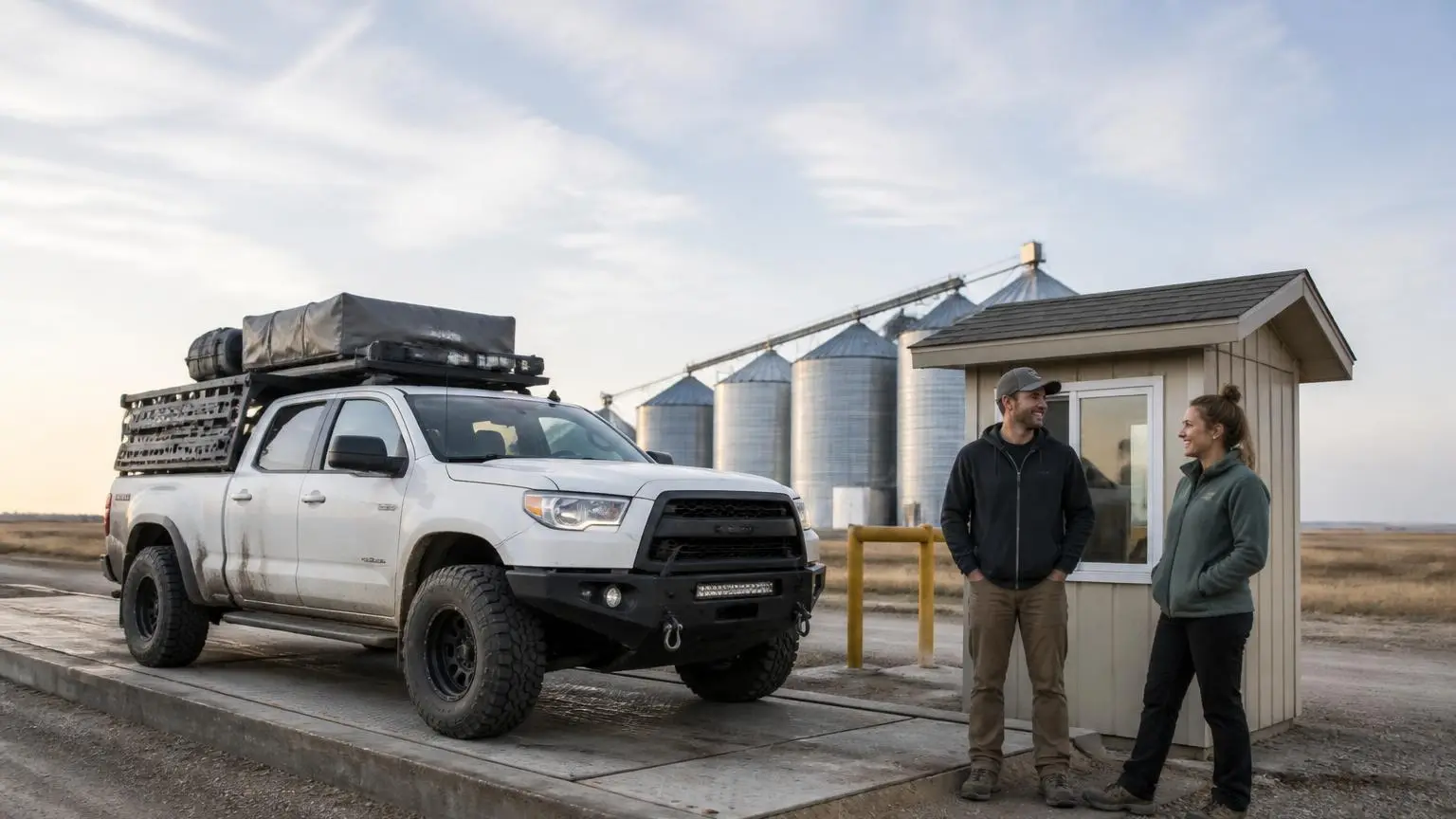 Couple weighing their loaded truck at a scale