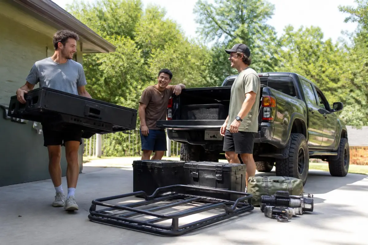 Friends estimating accessory weights while unpacking gear