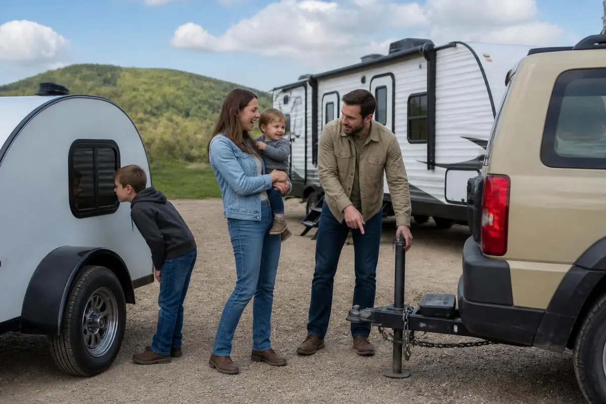 Family choosing between trailers at a rental lot