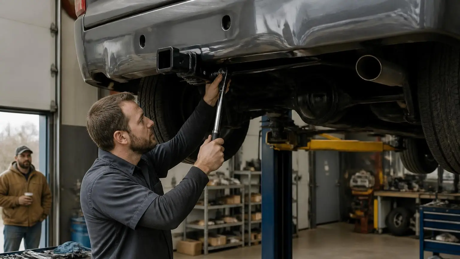 Mechanic installing a receiver hitch under a pickup in a shop