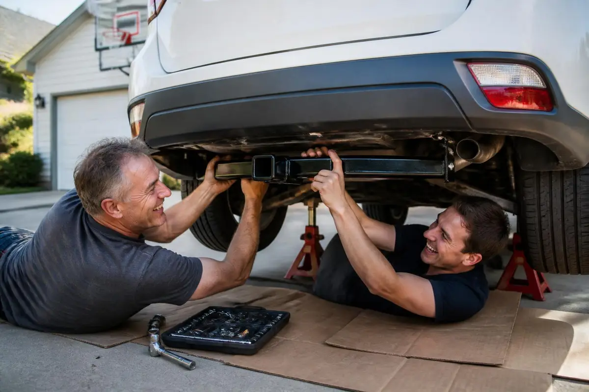 Father and son installing a hitch together in a driveway