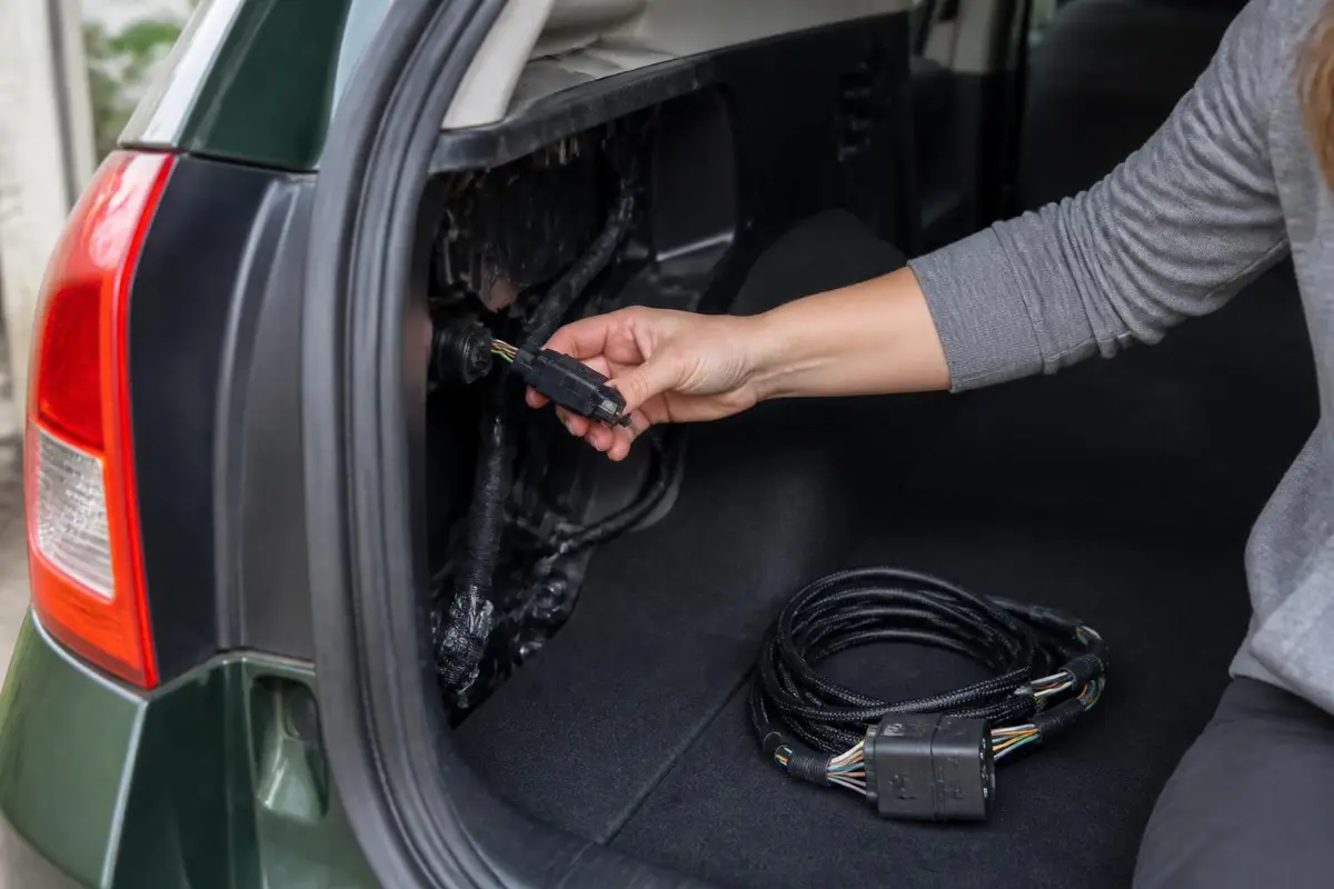 Wiring harness connector being plugged in behind a tail light