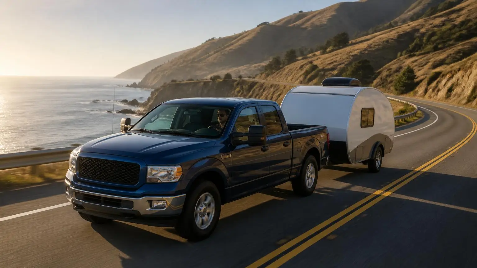 Mid-size pickup towing a small camper on a coastal highway