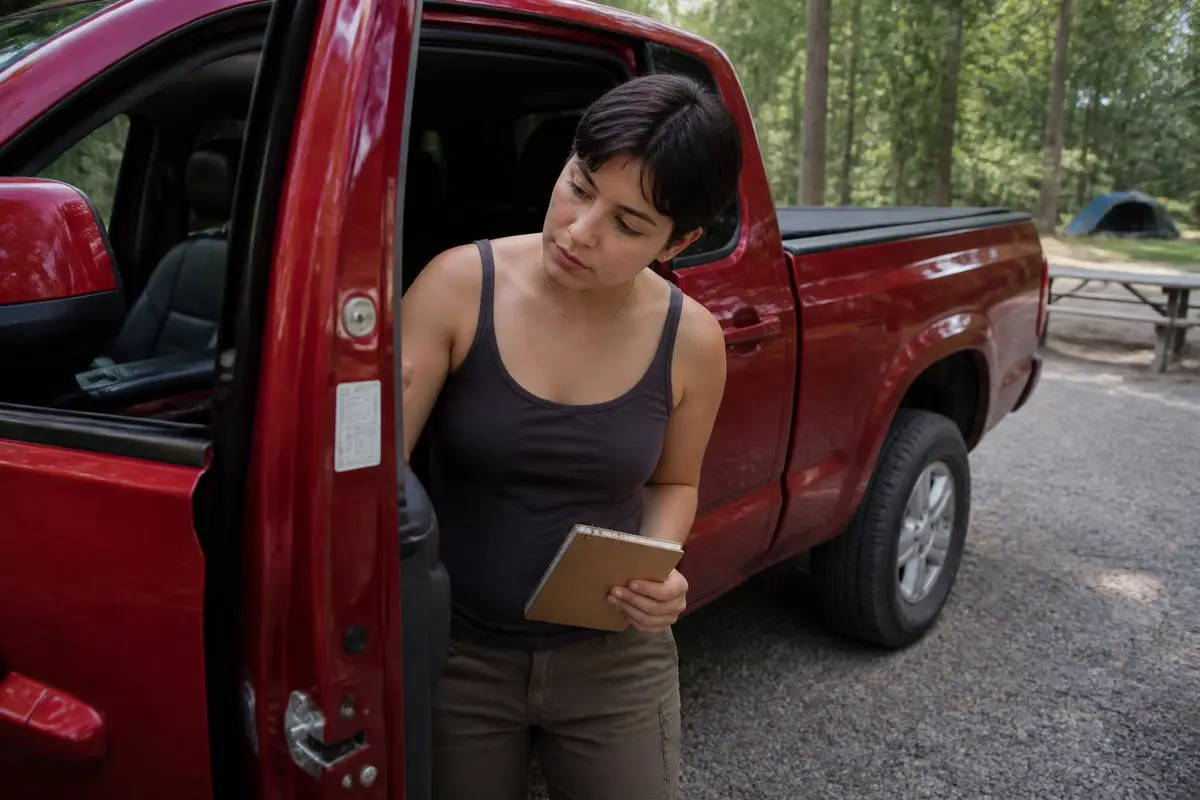 Owner checking the payload and towing label on a pickup door