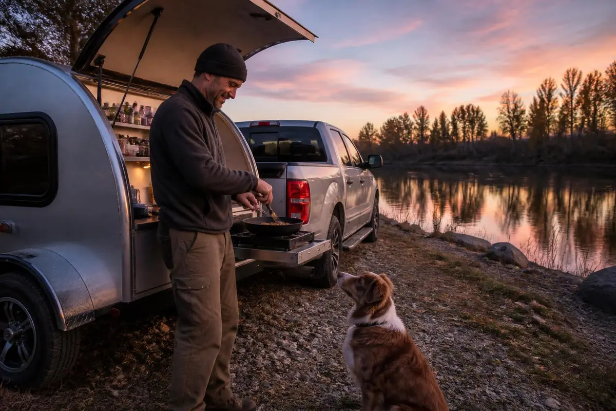 Pickup and a small teardrop trailer at a riverside camp
