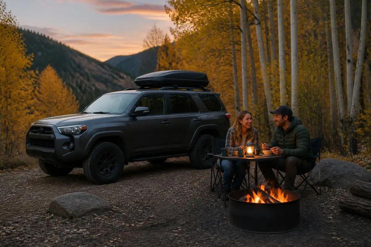 Mid-size SUV with a factory-style roof rack at a mountain camp