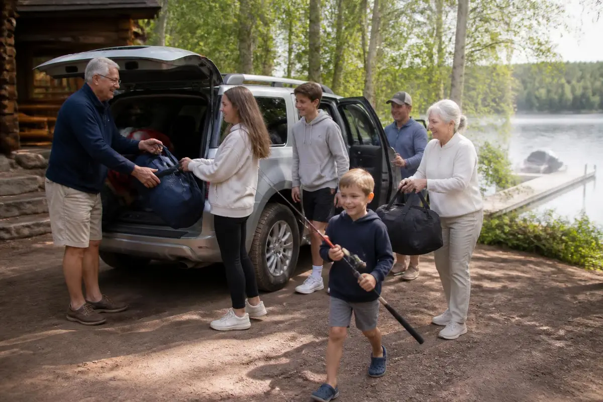 Large family loading a full-size SUV at a lake cabin